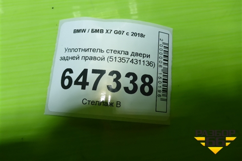 Уплотнитель стекла двери задней правой (51357431136) для BMW X7 G07 с 2018г (Х7 Г07)