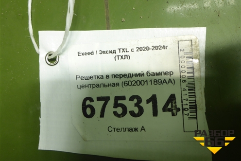 Решетка в передний бампер центральная (602001189AA) для Exeed TXL с 2020-2024г (ТХЛ)